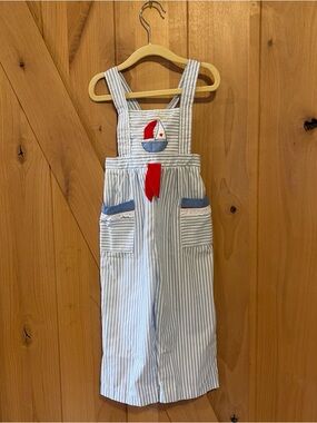 Vintage Tiny Tots Outfit Sailor Stripe Boat Nautical Overalls Romper Size 4